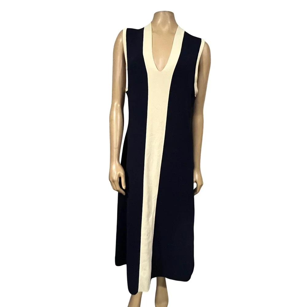 Luxely Navy Cream Colorblock V-Neck Knit Midi Dress Old Money Excellent XL
